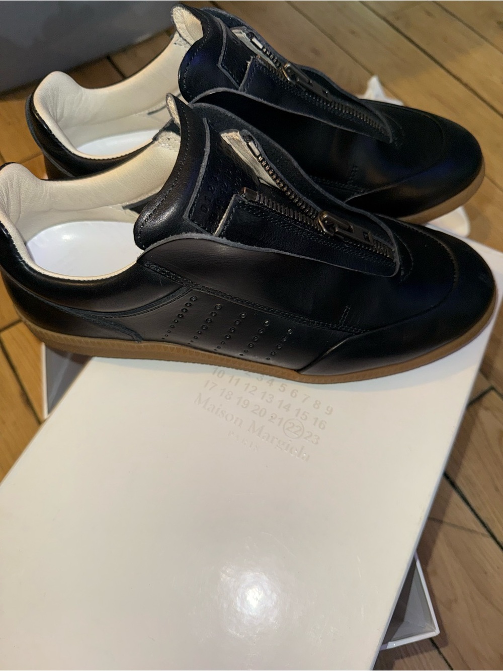 Maison Martin Margiela Black Leather Zip-Front Sneakers with Gum Sole